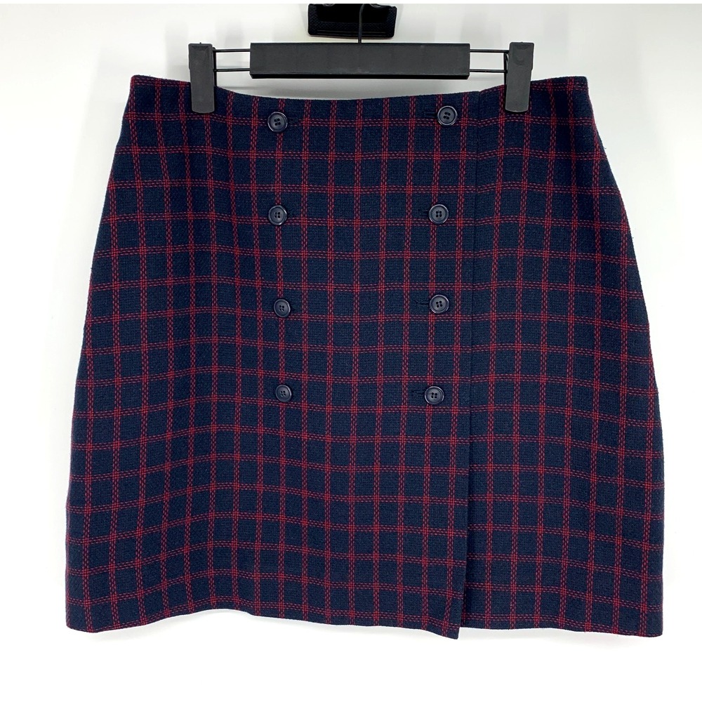 1901 Skirt Womens Size 10 Plaid Blue Red Button Front Mini Wool Blend Preppy